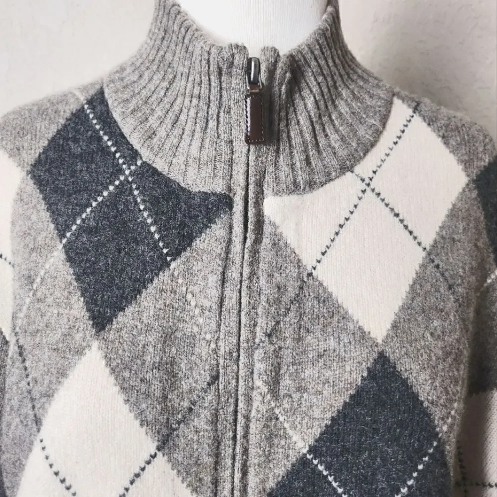 J. Crew Lambwools Argyle Zip-Up Elbow Patch Sweater Cardigan Gray  Size L